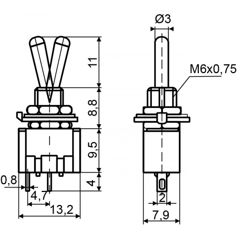 Тумблер MTS-111 (ON)-OFF 2Пол. *2Конт.