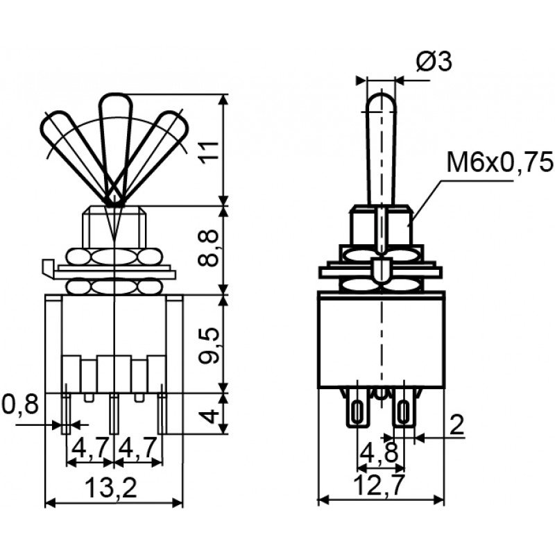 Тумблер MTS-202 ON-ON 2Пол. *6Конт.