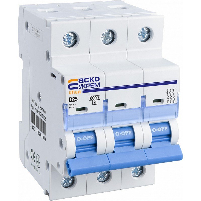 Модульний автоматичний вимикач UTrust 3р 25А D 6kА