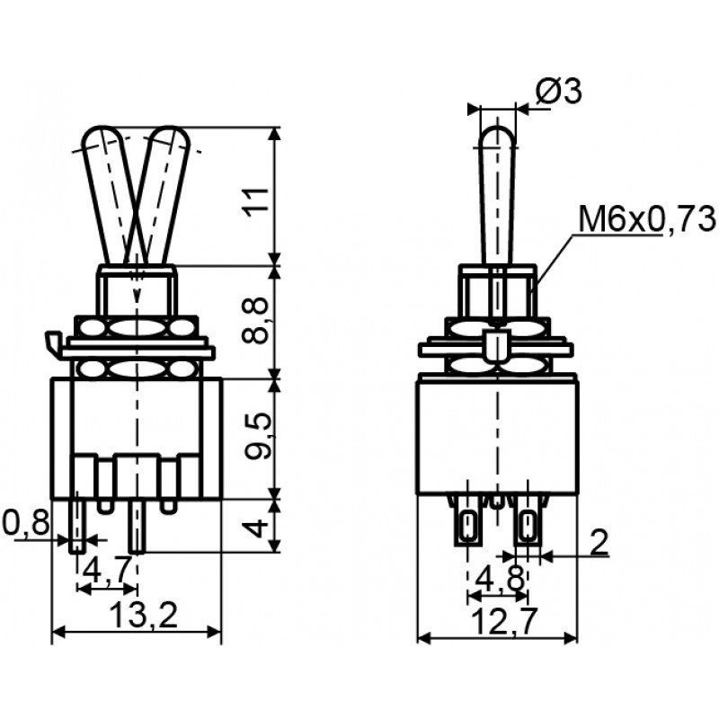 Тумблер MTS-201 ON-OFF 2Пол. *4Конт.