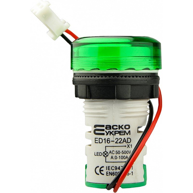 Круглий цифровий вимірювач універсальний струму+напруги ED16-22 VAD 0-100A, 50-500В (зелений)