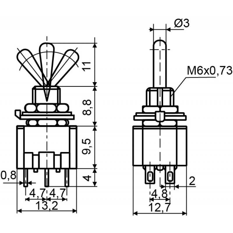 Тумблер MTS-123 (ON)-OFF-(ON) 3Пол. *3Конт.