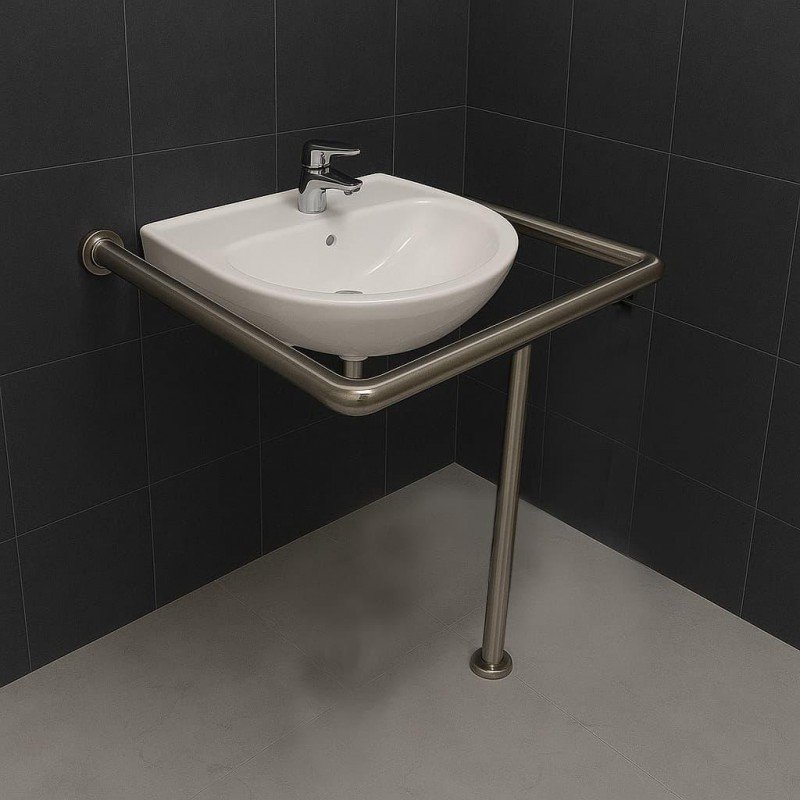 Поручень для людей с инвалидностью (МГН) для раковины напольно-настенный INVO из нержавеющей стали