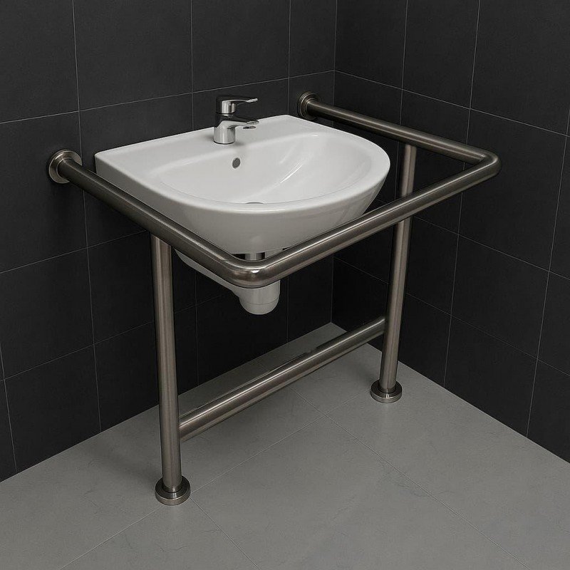 Поручень для людей с инвалидностью (МГН) для раковины напольно-настенный INVO с защитой слива