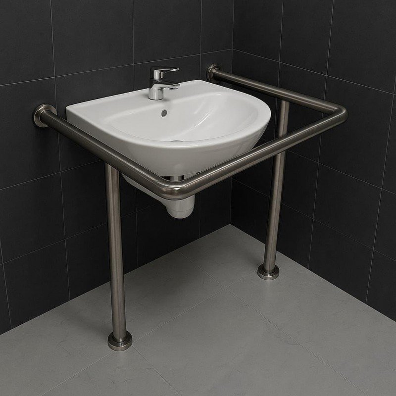 Поручень для людей с инвалидностью (МГН) в туалет для раковины напольно-настенный INVO две опоры,