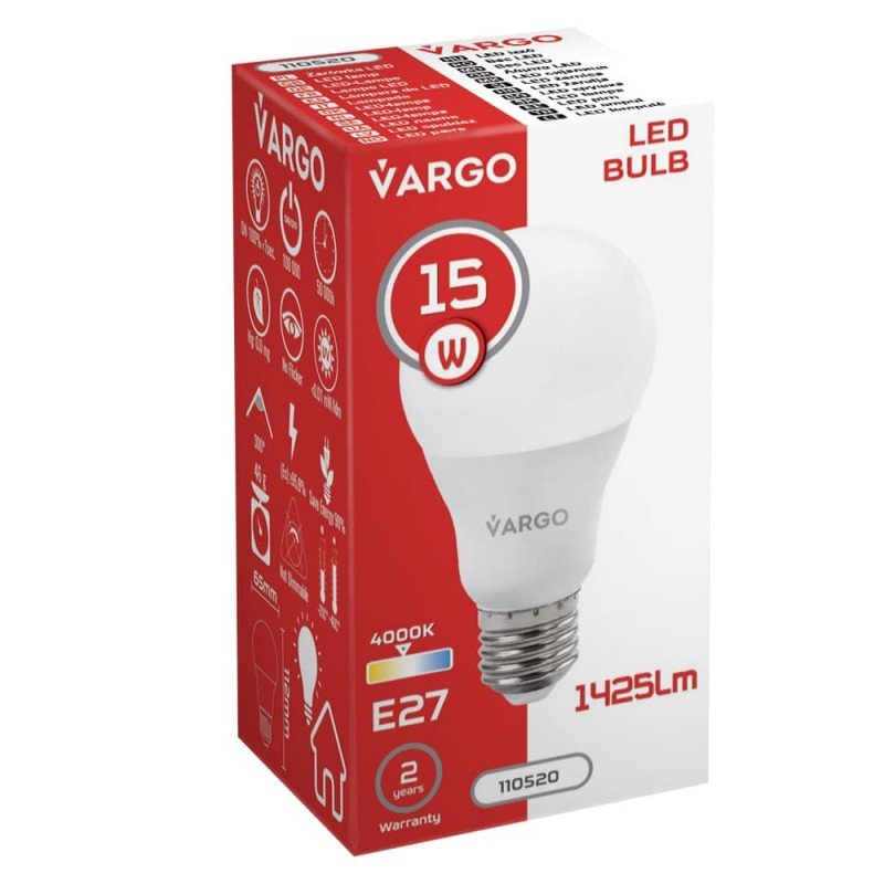 LED лампа VARGO A65 15W E27 1425lm 4000K (V-110520)