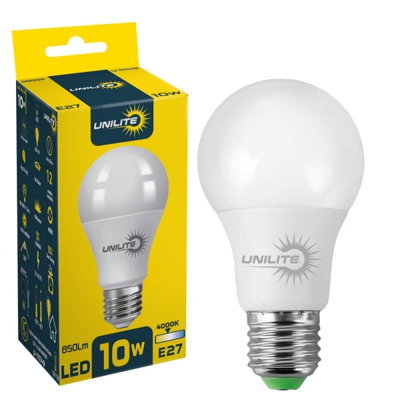Энергосберегающая светодиодная LED лампа, лампочка экономка UNILITE A60 10W E27 850lm 4000K (UL-111149) (Светодиодные лампочки)