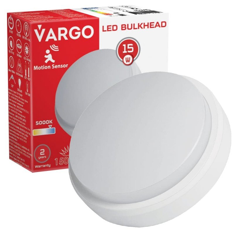 LED Светильник VARGO ЖКХ 15W 5000K круг IP54 з датчиком руху AC165-265V, 140*140*55мм (V-115718)