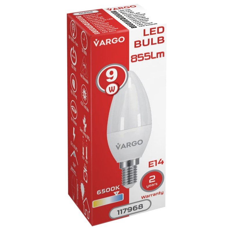 Светодиодная лампа экономка, LED лампа, холодный белый свет VARGO C37 9W E14 855lm 6000K (V-117968) (Светодиодные ЛЭД лампочки)