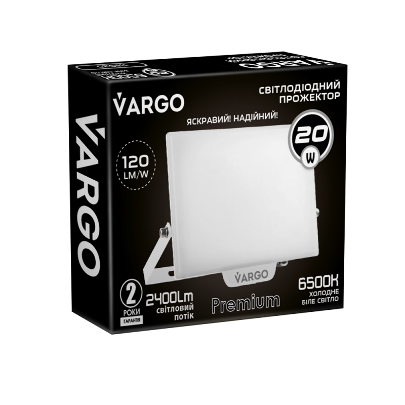 LED Прожектор VARGO Premium 20W, 1200lm, 120lm/w, IC Driver, 2 года гарантия, белый (118920)