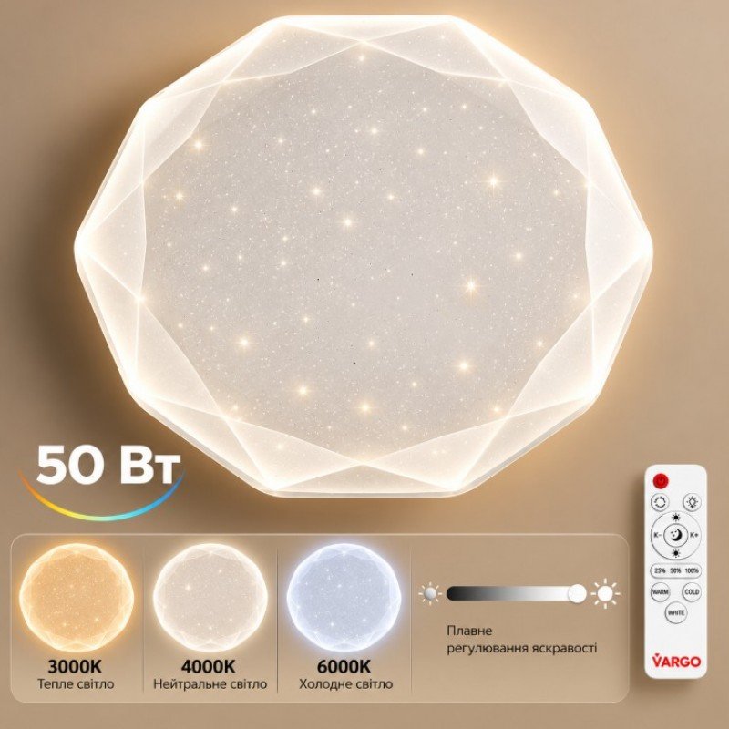 Світильник LED стельовий VARGO Diamond 50 Вт Ø375 мм, 3000К-6000К, з пультом ДК (120624)
