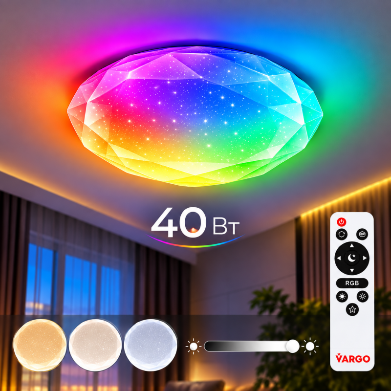 Світильник LED стельовий VARGO SMART Diamond 40 Вт Ø375 мм, 3000К-6000К, RGB, з пультом ДУ (120626)