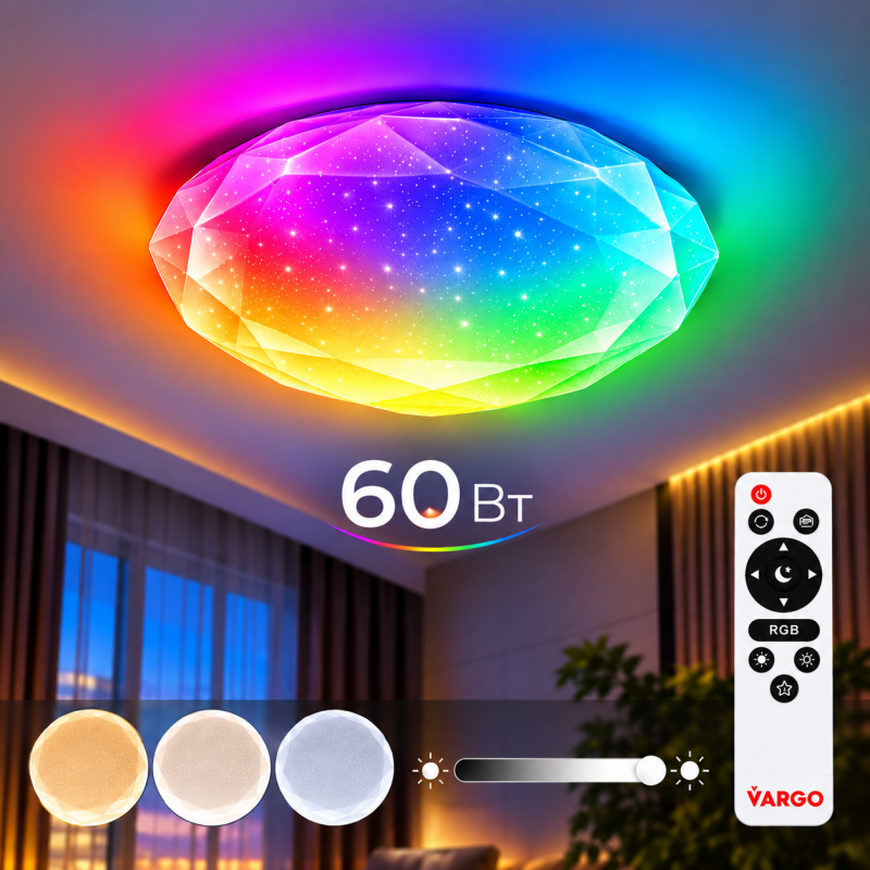 Світильник LED стельовий VARGO SMART Diamond 60 Вт Ø500 мм, RGB, 3000К-6000К, з пультом ДУ (120627)