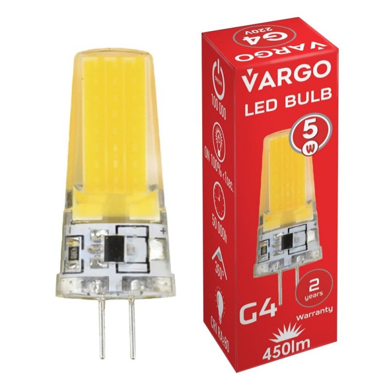 LED лампа VARGO G4, 5W, COB, 4000K, AC 220V, ɸ15×H55mm (V-114870)