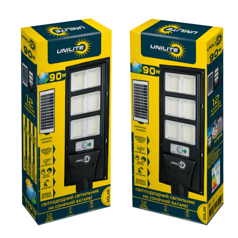 LED вуличний світильник на сонячній батареї UNILITE 90W 6500K, Акумулятор: 3.2V, 9Аh Сонячна панель: 6V, 8W, з датчик руху, 117919