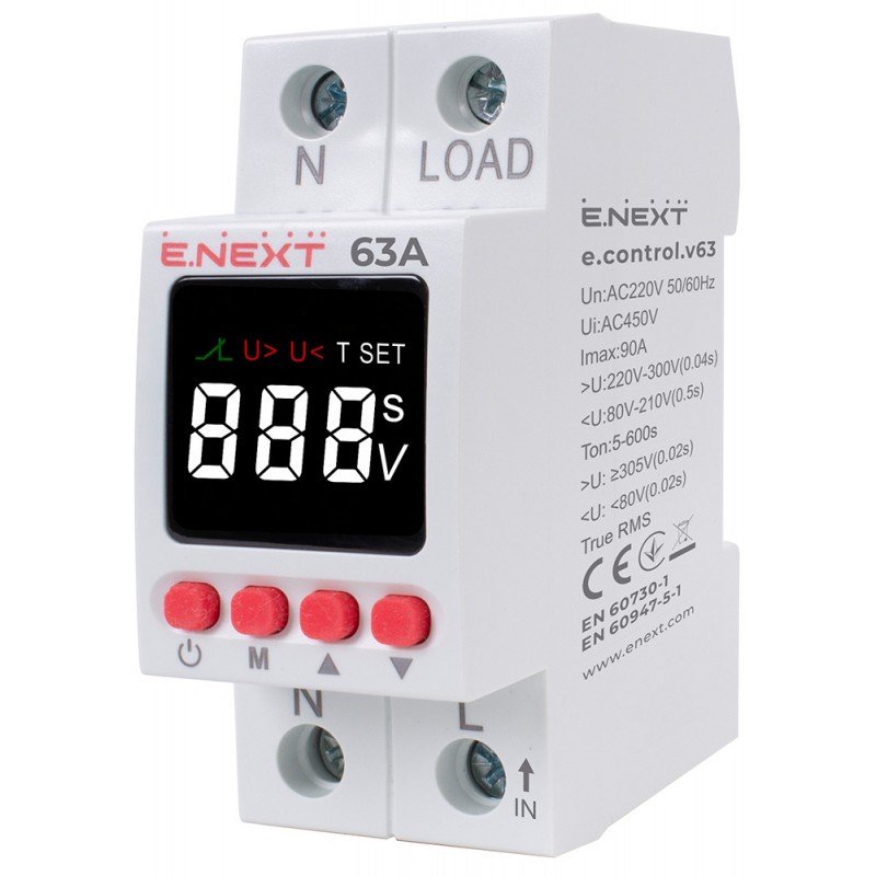 Реле контролю напруги однофазне 63А з індикацією e.control.v63