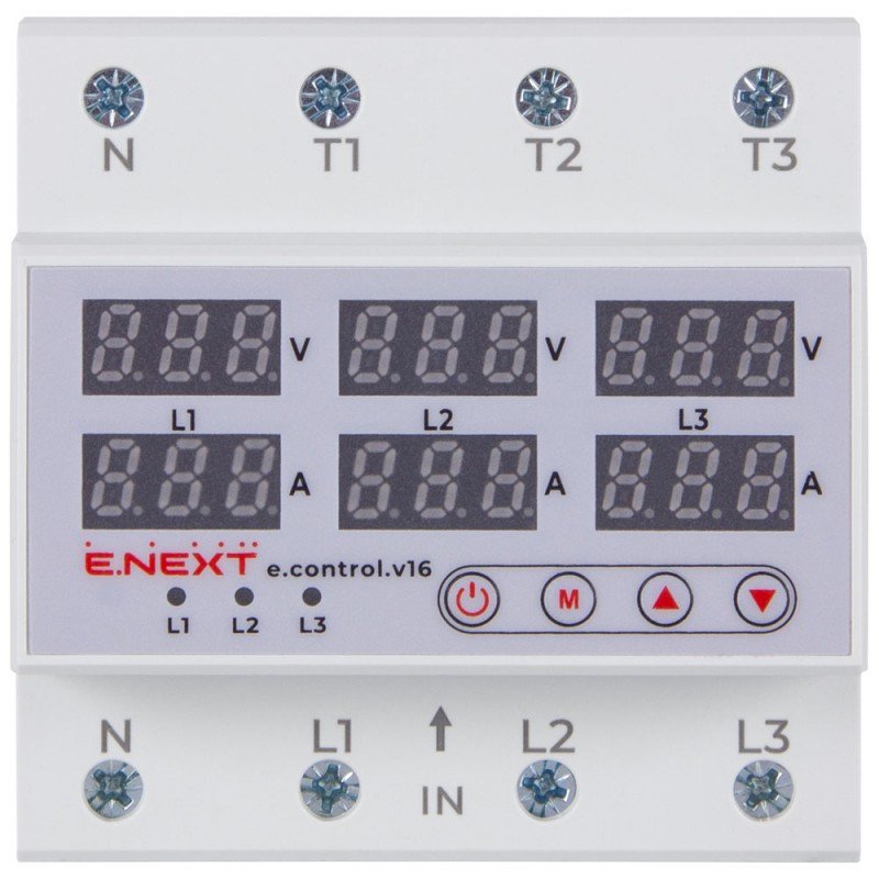 Реле контролю напруги та струму трифазне 63А з індикацією e.control.v16