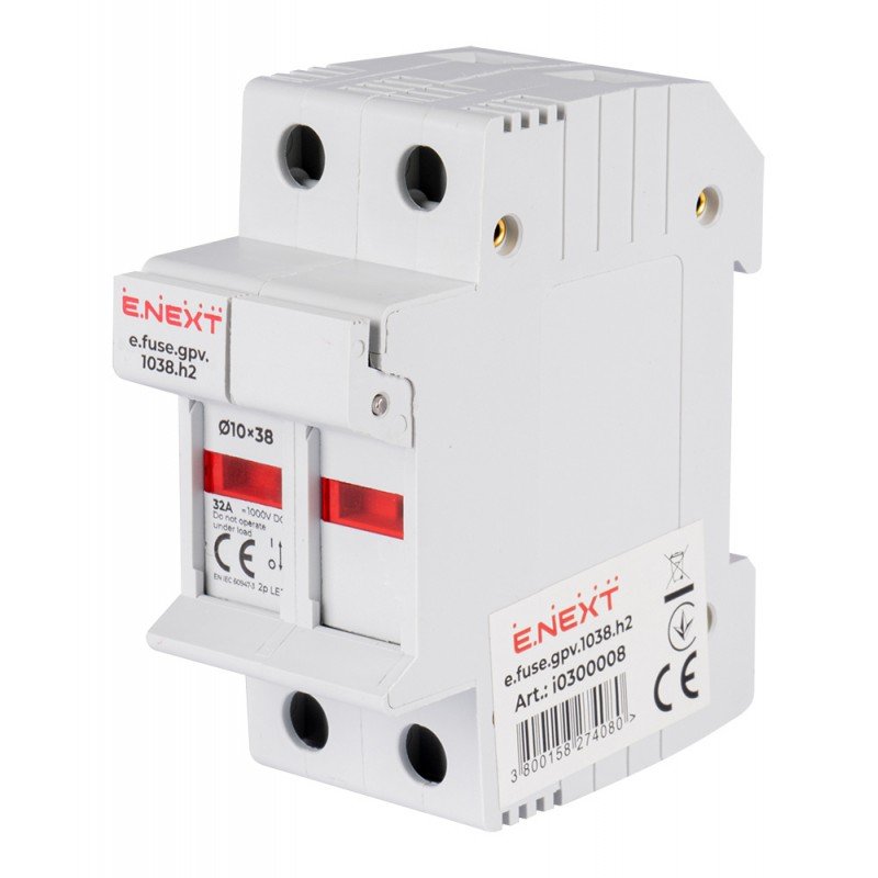 Утримувач запобіжника на DIN-рейку e.fuse.gpv.1038.h2, gPV, під запобіжник 10х38, 2р, 32А