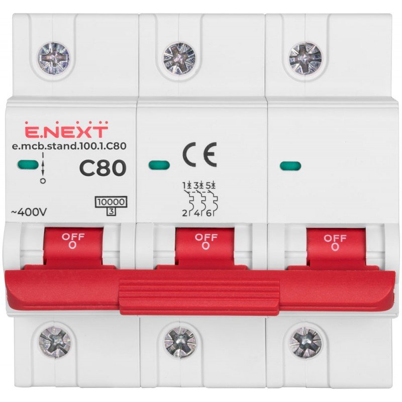 Модульний автоматичний вимикач e.mcb.stand.100.3.C80, 3р, 80А, C, 10кА