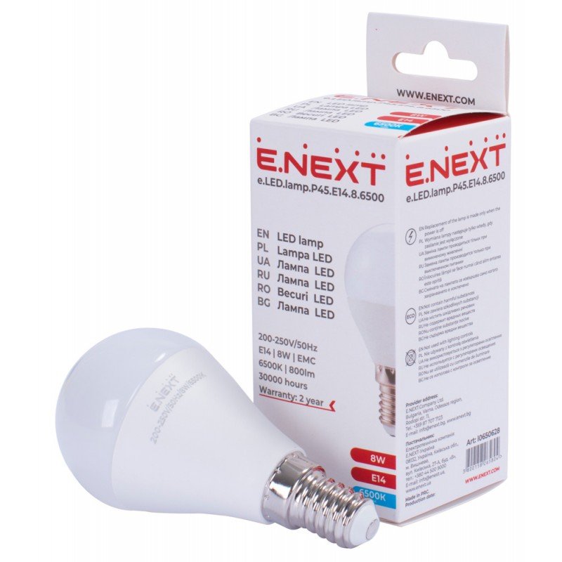 Лампа світлодіодна e.LED.lamp.P45.E14.8.6500