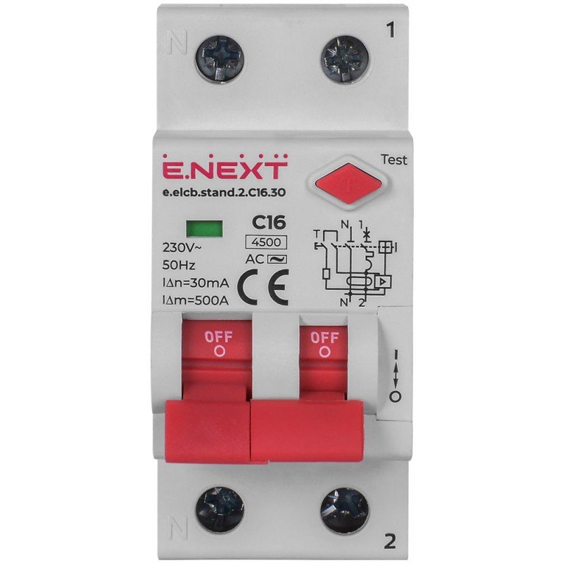 Вимикач диференційного струму (дифавтомат) e.elcb.stand.2.C16.30, 2р, 16А, C, 30мА з розділеною рукояткою
