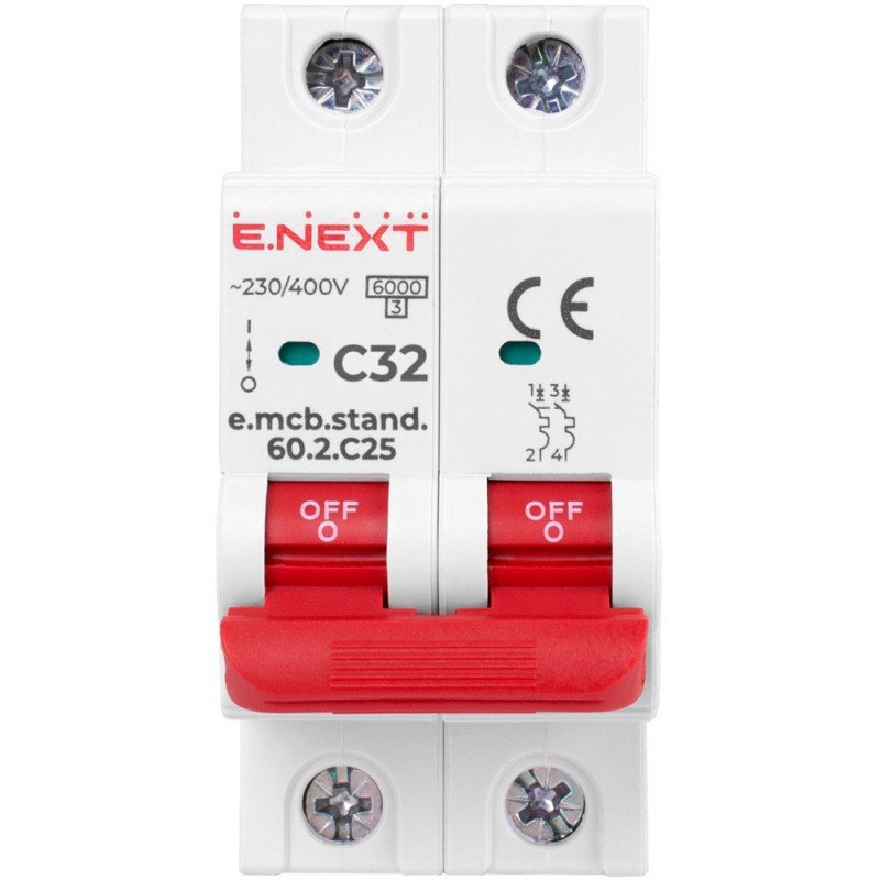 Модульний автоматичний вимикач e.mcb.stand.60.2.C32, 2р, 32А, C, 6кА