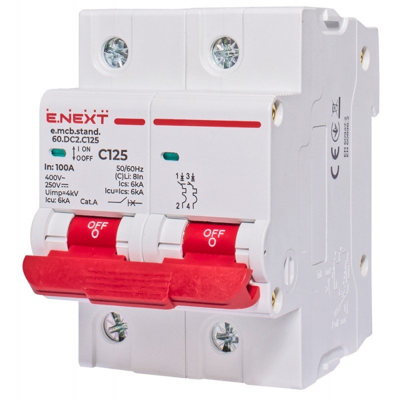 Модульний автоматичний вимикач e.mcb.stand.60.DC.2.C125, 2р, 125А, C, 6кА, DC