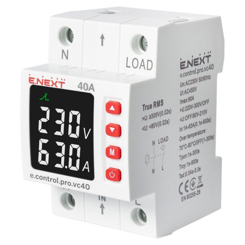 Реле контролю напруги та струму однофазне 40А e.control.pro.vc40