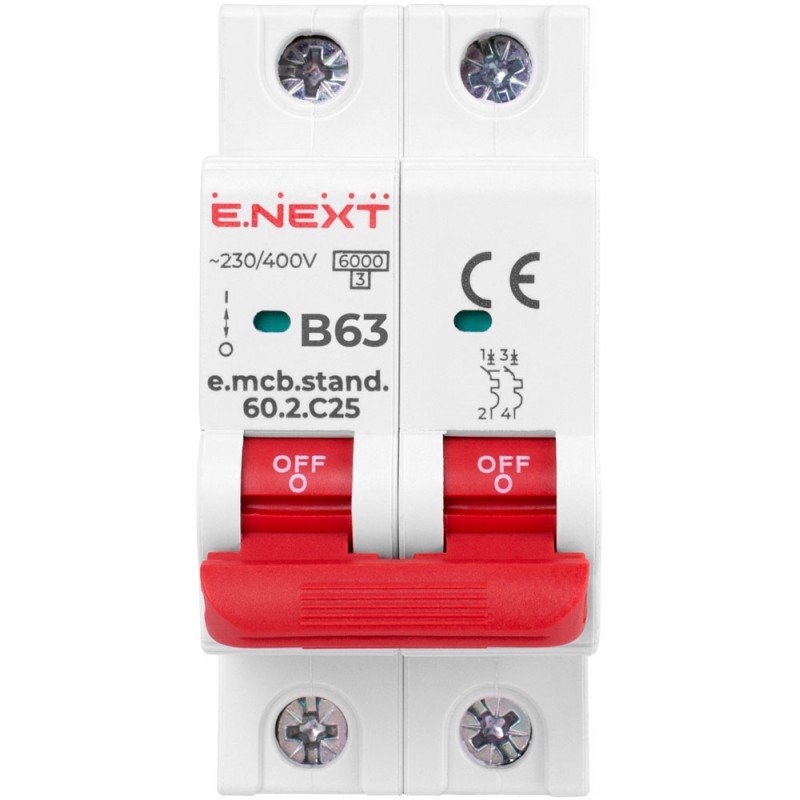Модульний автоматичний вимикач e.mcb.stand.60.2.B63, 2р, 63А, B, 6кА
