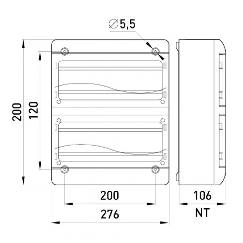 Корпус пластиковий, навісний (NT) 26-модульний, дворядний, IP 55, з непрозорими дверцятами