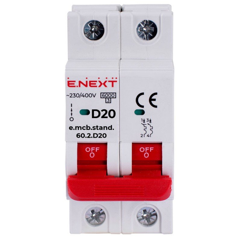 Модульний автоматичний вимикач e.mcb.stand.60.2.D20, 2р, 20А, D, 6кА