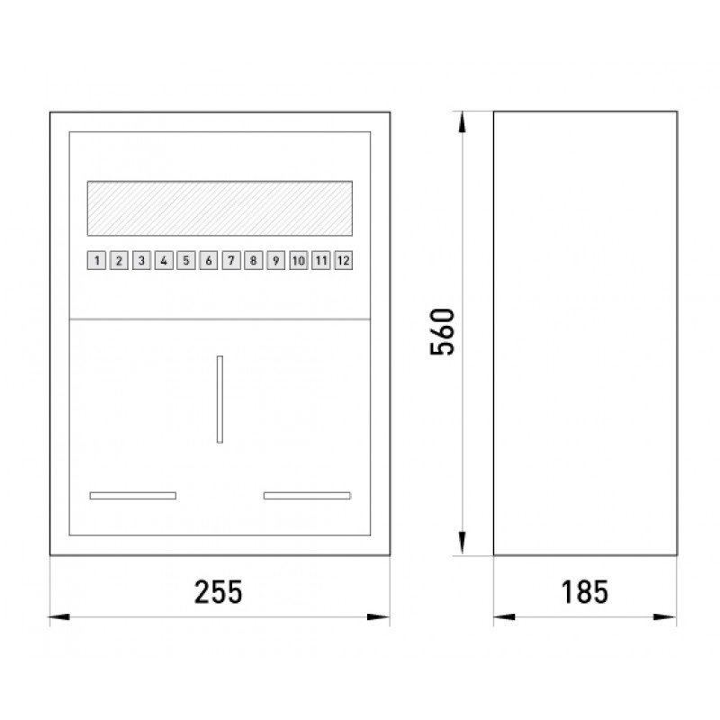 Шафа розподільна e.mbox.RU-3-Z/О металічна навісна, під 3-ф. лічильник, 12 мод., з замком, з віконцем, 560х255х185 мм