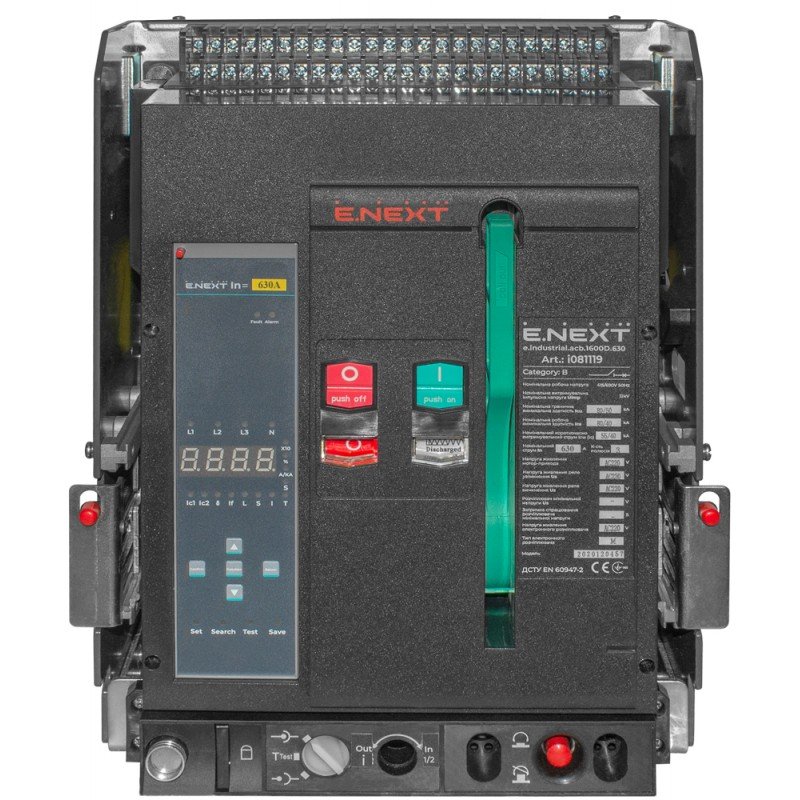Повітряний автоматичний вимикач e.industrial.acb.1600D.630, викатний, 0,4кВ, 3Р, електронний розчіплювач, мотор-привід та РН