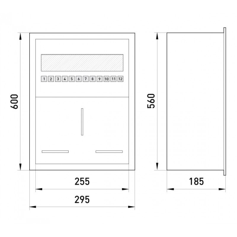 Шафа розподільна e.mbox.RW-3 металічна, що вбудовується, під 3-ф. лічильник, 12 мод., 560х255х185 мм