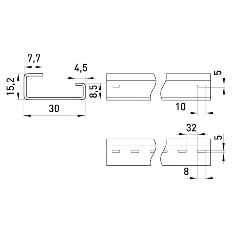 DIN-рейка e.din.stand.rail.302, G-подібна, неперфорована, 1м, глибина 15мм, товщина 1,5мм