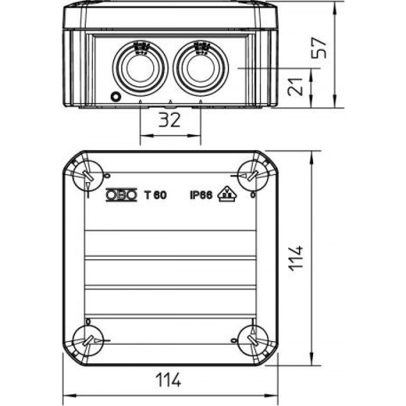 Коробка розподільча Т-серії з кабельними вводами, 114х114х57, ІР66, ультрафіолетостійкий, ударостійкий поліпропілен