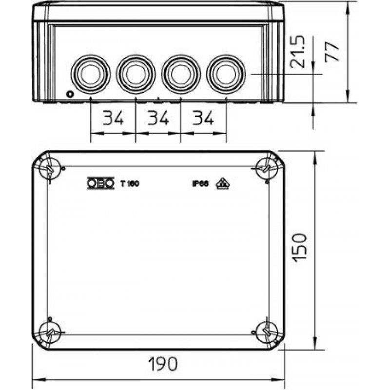 Коробка розподільча Т-серії з кабельними вводами, 190х150х77, ІР66, ультрафіолетостійкий, ударостійкий поліпропілен