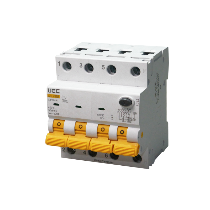 Автомат диференційного захисту SB-R9NE 4P C 10A 10mA Tип AC 6kA UEC