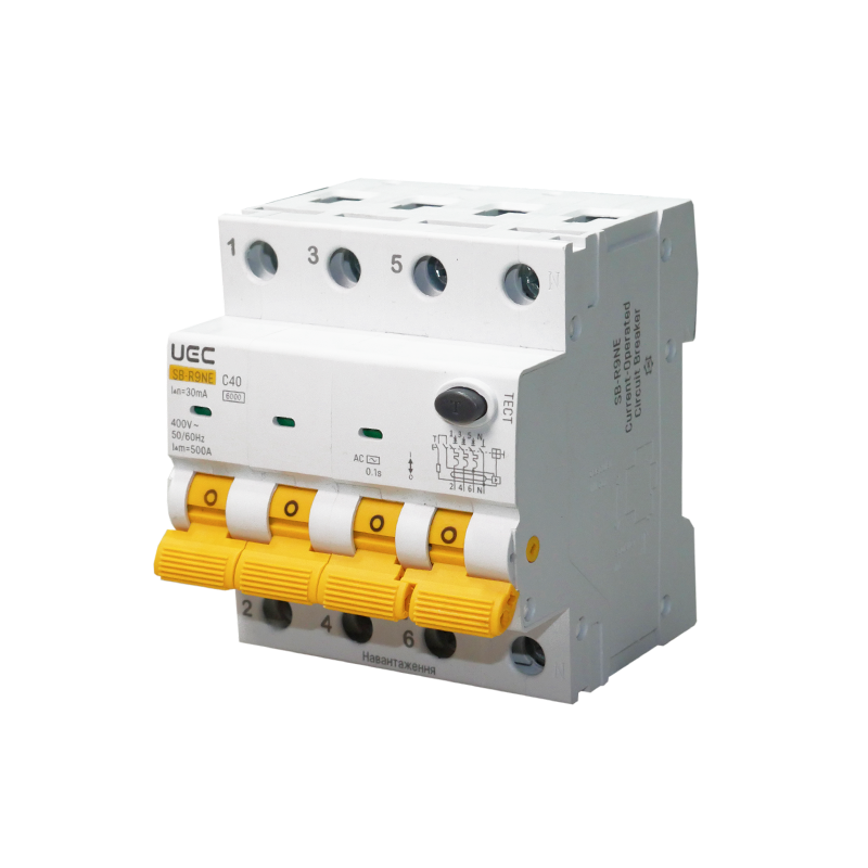 Автомат диференційного захисту SB-R9NE 4P C 40A 30mA Tип AC 6kA UEC