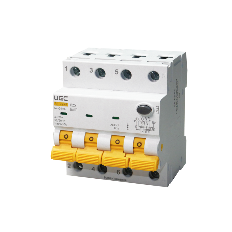 Автомат диференційного захисту SB-R9NE 4P C 25A 30mA Tип AC 6kA UEC