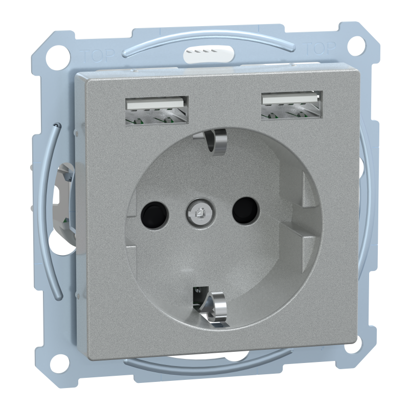 Розетка з заземленням зі шторками та USB тип A+A 16А SysM алюміній