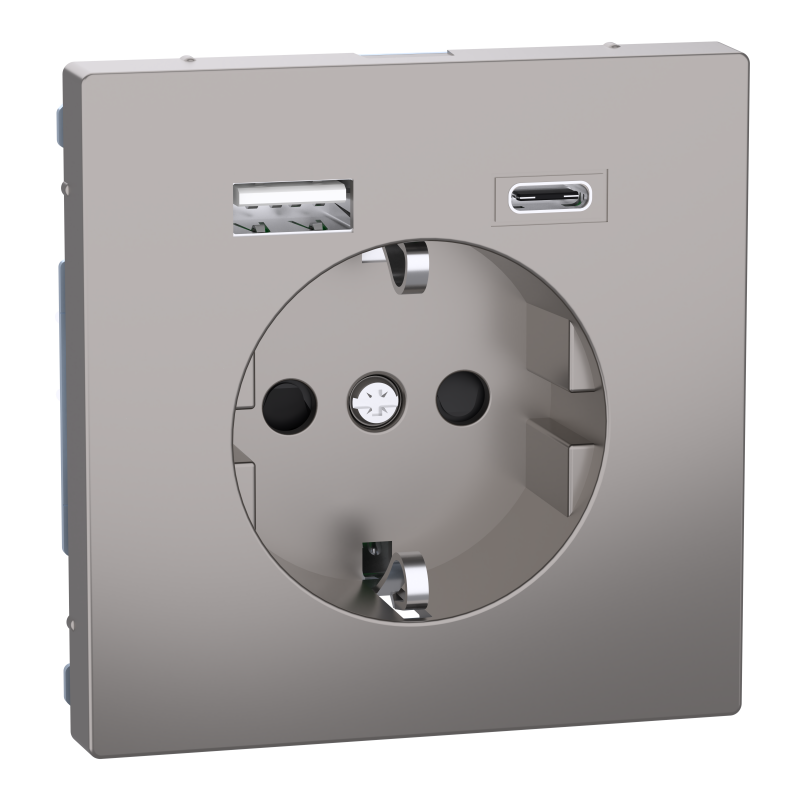 Розетка з заземленням зі шторками та USB тип A+C 16А SysD нікель