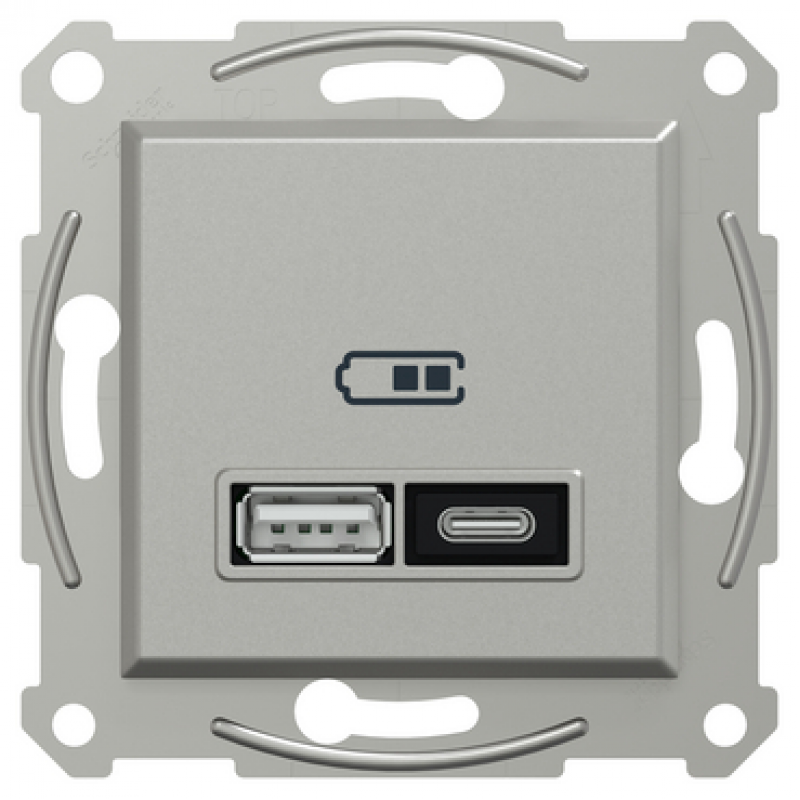 Подвійний зарядний пристрій USB, Asfora, тип A+C, 21 Вт, механізм з супортом, алюміній