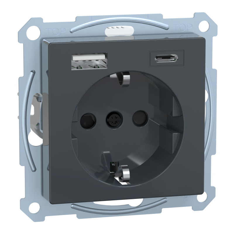Розетка з заземленням зі шторками та USB тип A+C 16А SysM антрацит
