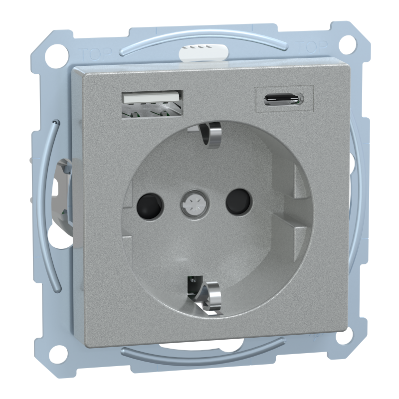 Розетка з заземленням зі шторками та USB тип A+C 16А SysM алюміній